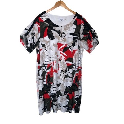 Calvin Klein 1X Floral Abstract Print Shift Dress Red Black White Plus Casual