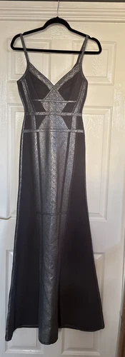 HERVE LEGER Gunmetal Metallic Detail Bandage Bodycon Long Dress Gown S BNWT