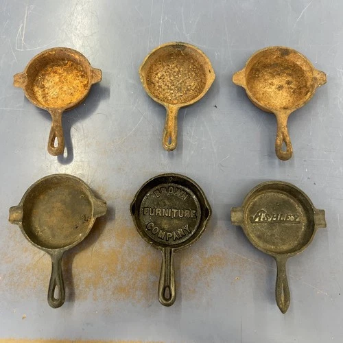 Lot Of Antique Mini Cast Iron Skillet Ashtray Advertising Lodge Wagner Furniture