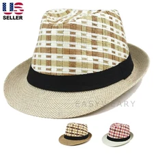 Unisex Mens Straw Fedora Panama Hat Summer Sun Short Brim Trilby Cuban Cap Hat