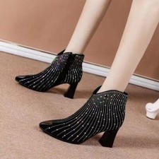 Women's Ankle Boots Shiny Warm Mid Block Heels Rhinestone Pointy Toe shoes