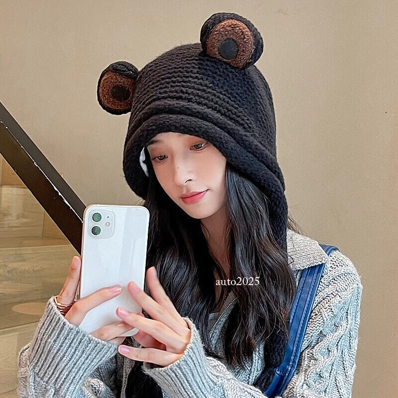 Women Cute Frog Pattern Knit Beanie Hat Warm Crochet Cap Cossack Ski