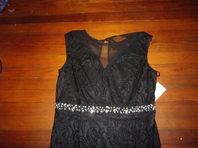 en focus studio formal dresses black lace dress mesh neckline crystal jewel sparkle 18W Corset dress with pockets