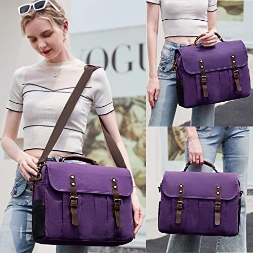 Messenger Bag for Women 15.6" Vintage Canvas Genuine Leather Briefcase (Purple)