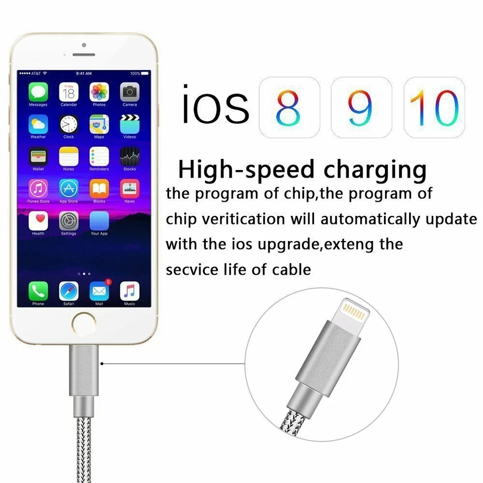 3-Pack 10ft Fabric Gray Cable Heavy Duty Charger Charging Cord For Phone 7 8 X - Image 4 of 4