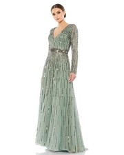 NWT Mac Duggal Sequined V Neck Illusion Sleeve A Line Gown - Sage - 6