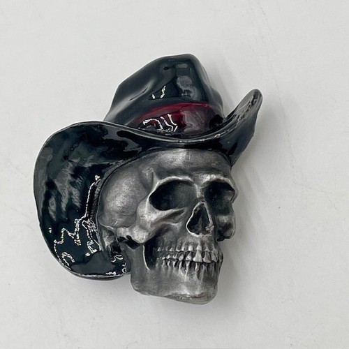 Vintage Bergamot Brass Works Skull Belt Buckle Black Cowboy Hat Red Trim Pewter - Picture 2 of 6