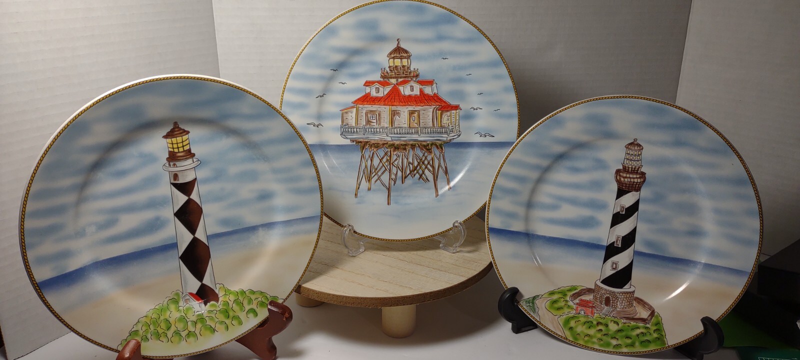 Royal Norfolk Lighthouse Set Of 3 Ceramic Salad Dessert 7 1/2