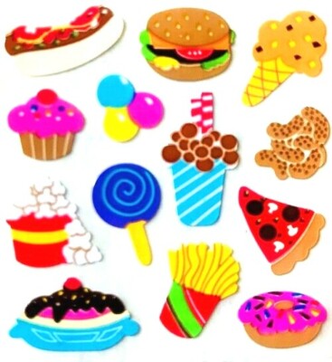 DELICIOUS FOOD HOTDOG PIZZA, FRIES + Sandylion Stickers -1 square ~VINTAGE~RARE
