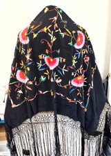 Antique Floral Embroidered Black Silk Knotted 14" Lg Fringe Piano Scarf Shawl