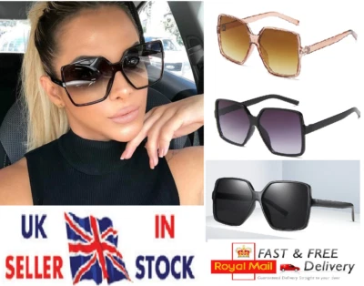 Oversized Sunglasses Women's Square Flat Top Large Black Ladies Big UV400 UK CA/