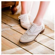 Vintage Women Brogues Lace Up Girls School Oxford Flats Wingtip Low Heel Shoes