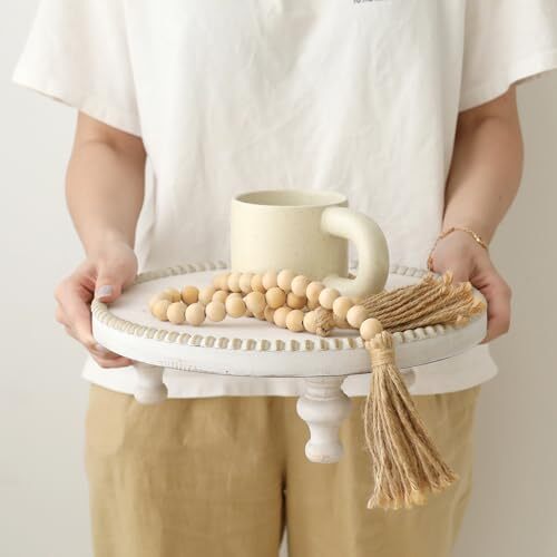 Rustic White Round Wood Tray Riser Farmhouse Pedestal Stand With Beaded Edge For - Picture 5 of 6