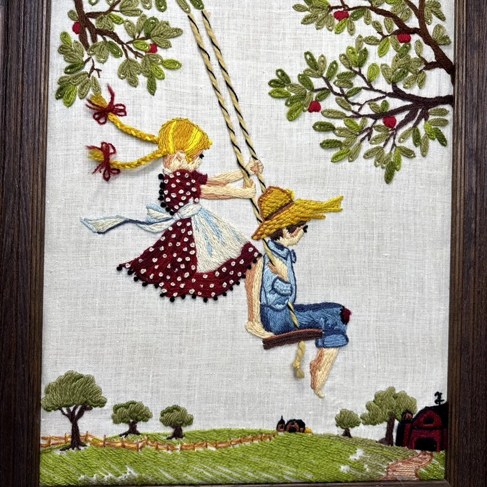 Vintage Folk Art Embroidery Needlepoint Framed Farm Art Tree Swing 23"x19"x1 - Image 2 of 4