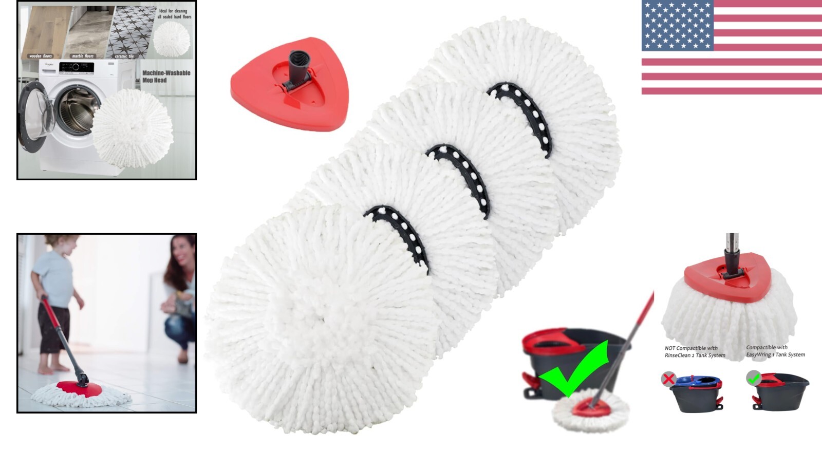 Premium 4-Pack Microfiber Mop Refills & Extra Base - Safe for All Hard Floors