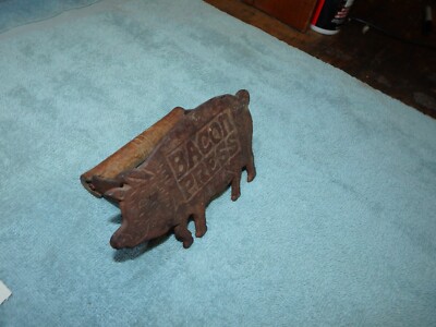 Vintage Bacon Press Pig Shape Design 6.5'' Cast Iron Wood Handle Farm Rustic