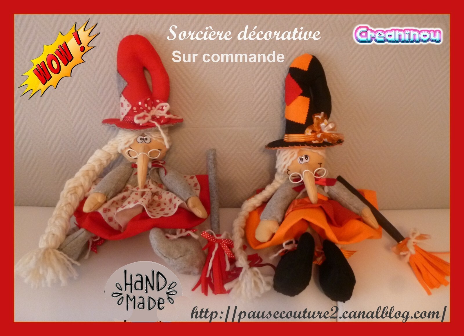 Sorcière Halloween en feutrine artisanale de 46cm faite main pour décoration d'exception