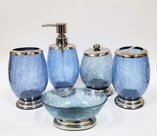 5 PC SET CLEAR CRACKED GLASS+BLUE TINT,SILVER,SOAP DISPENSER+DISH+TUMBLER+JAR+1