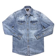 Lee Denim Pearl Snap Shirt Blue Long Sleeve Pockets Western Jean Size Small