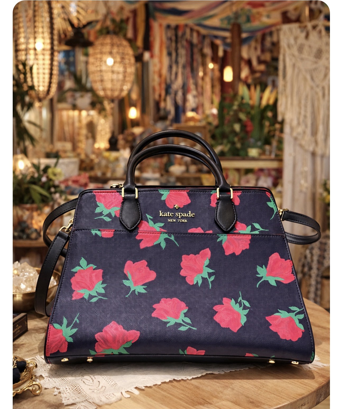 Kate Spade Madison Medium Rose Toss Print Leather Satchel KE536 Black Multi