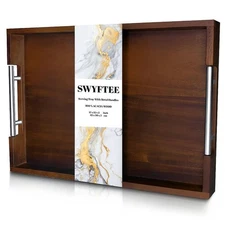 Serving Tray with Handles – 17 x 12 x 2 Inch Dark Brown Acacia Wood Ottoman T...