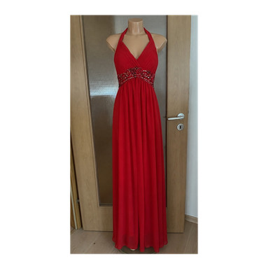 Far Niente Abendkleid lang rot Neckholder V-Ausschnitt Pail./Perlen Gr 36