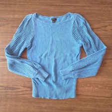 Ann Taylor Factory Blue Cotton Knit Sweater Crochet Sleeve Boat Neck XS