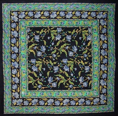 French Floral Square Cotton Tablecloth 60'' x 60'' Blue on Black
