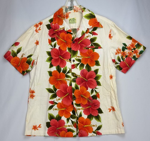Vintage 60s Ui-Maikai Mens L Hawaiian Aloha Shirt White Floral Hibiscus Cotton