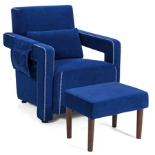 Giantex Modern Berber Fleece Single Sofa Chair w/ Waist Pillow & Ottoman Blue