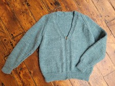 1960s Hand knit blue wool zipper front cardigan