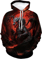 Fire Dragon Hoodie Men's 3D Fantasy Graphic Art Gothic Red Black Pullover