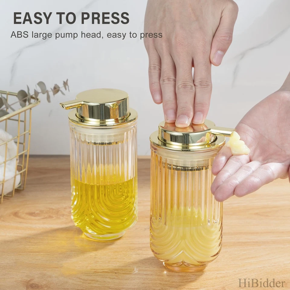HiBidder Glass Soap Dispenser w/ Gold Pump Clear Bathroom Kitchen Decor - Image 2 of 4