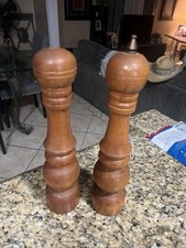 VINTAGE WOODEN SALT SHAKER  PEPPER MILL SET. LARGE 12 INCHES TALL.