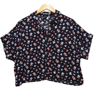 Hot Topic Mushroom Butterfly Cropped Shirt Sz m Black Rayon Button Down