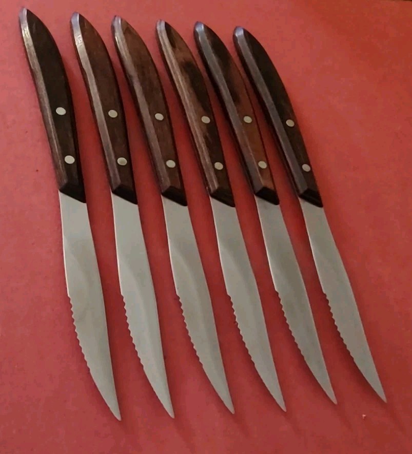 6 Russell Serrated Steak Knives Rosewood Handle USA MCM Rack Orig Box Dexter