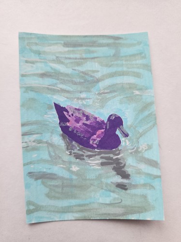 ACEO Original Abstract Acrylic Painting of a Black Duck Swimming by Kiva