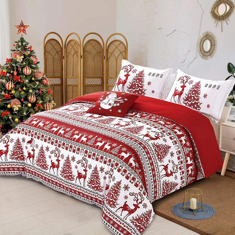 Christmas Duvet Cover Set Red Deer Tree Snowflake Pattern Soft Microfiber Zipper - Image 2 of 4