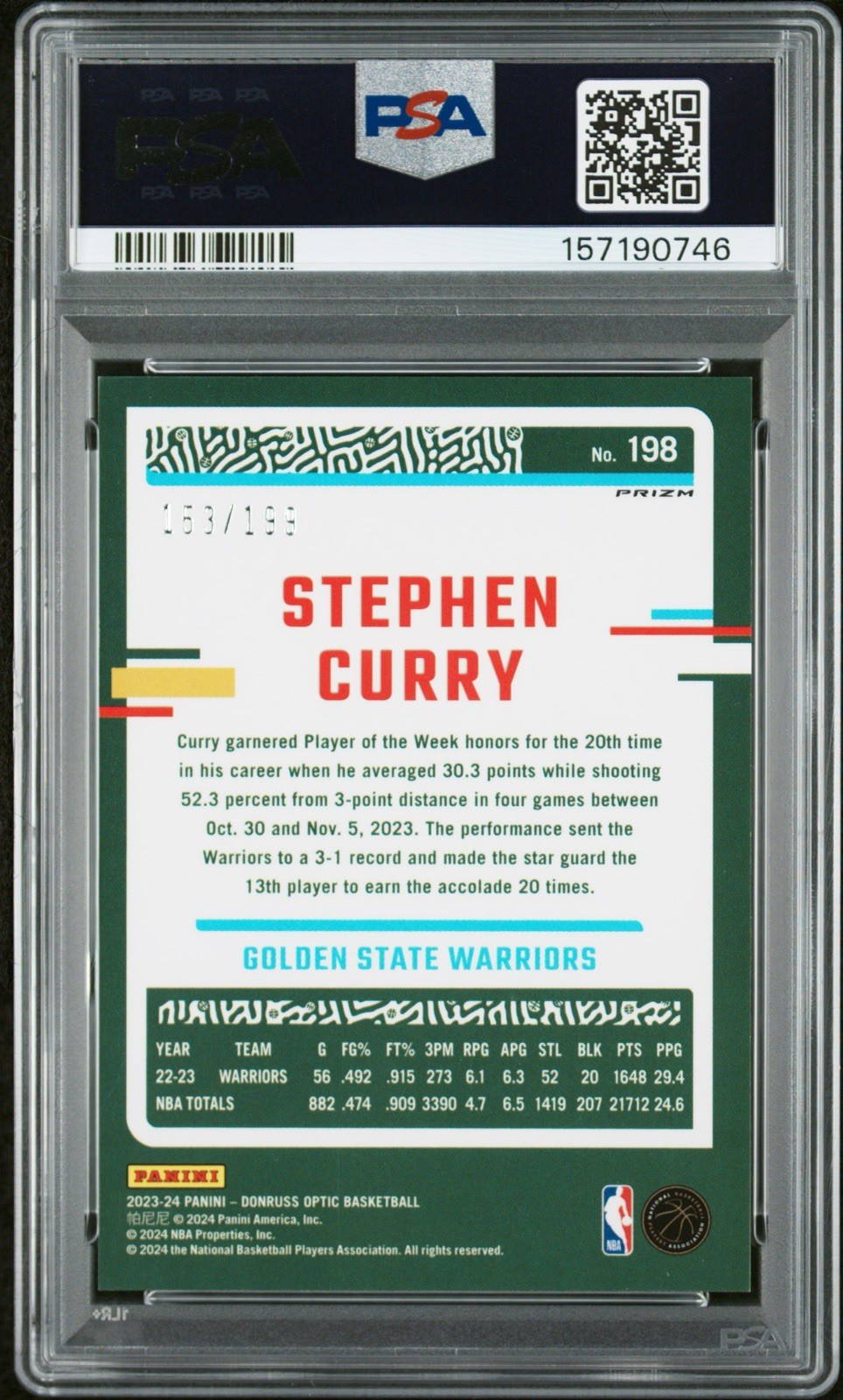 2023-24 Panini Donruss Optic Steph Curry Orange /199 PSA 10 Gem Mint Pop 2 view 2
