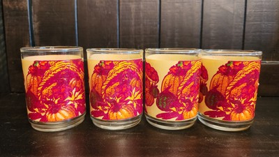 Set Of 4 VTG Indiana Glass Fall Votive Candle Holders Pumpkins Cornucopia Apples