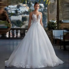 Boho V-neck Wedding Dress Spaghetti Straps Applique Sleeveless Beach Bridal Gown