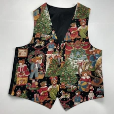 Vintage Christmas Vest Teddy Bear Women Twee Print Festive Holiday Cotton Front