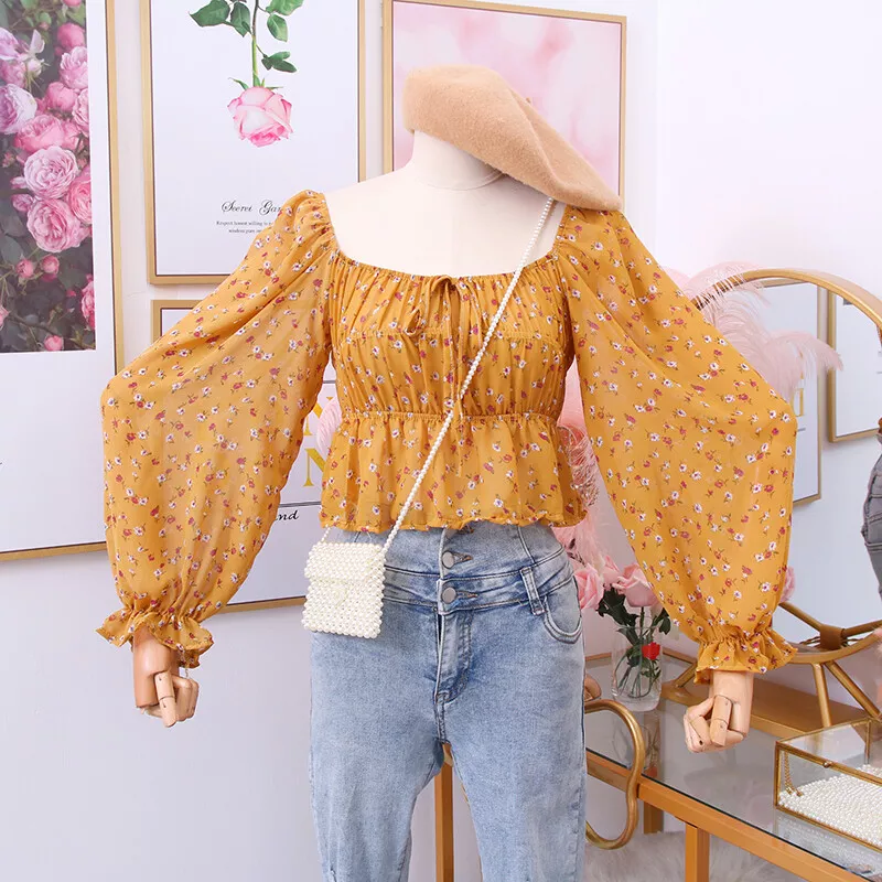 Women Chiffon Top Floral Blouse Off Shoulder Puff Sleeve Loose Ruffle Retro Chic