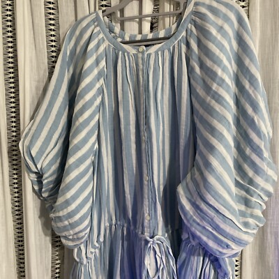 old navy striped blue dress OLD NAVY Blue White Striped Waist-Defined Puff-Sleeve Midi Dress sz M NEW NWT