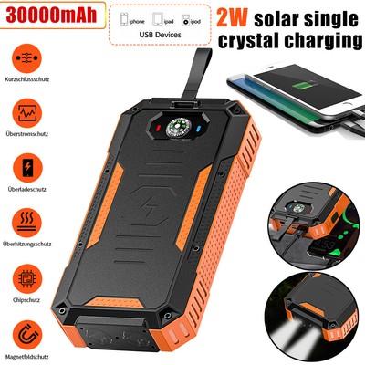 30000mAh Fast Charger Solar Power Bank Portable Battery Backup For Cell Phone