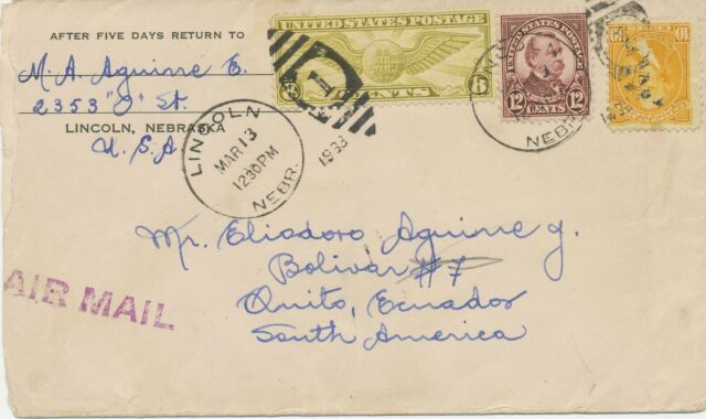 USA 1933 int. MiF frühe Pra.-Lupo-Bf von "LINCOLN / NEBR." nach QUITO Ecuador
