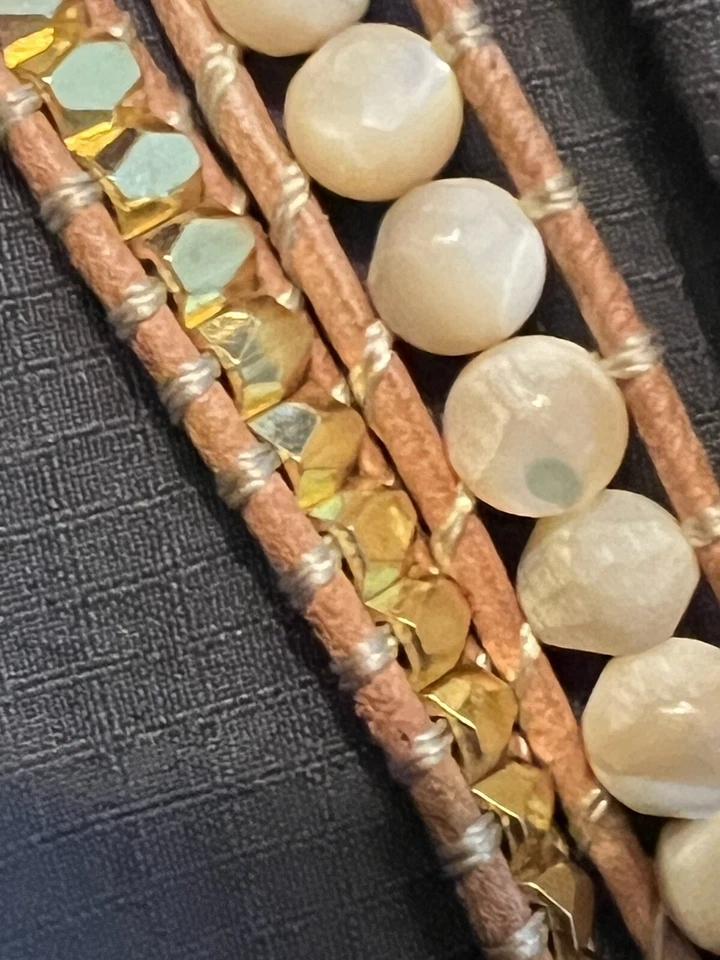 "Brazalete/Collar Hecho a Mano 36"" Ojo de Gato Cuarzo Cuentas Cuero Envolvente - Artesanal" Foto 4 de 4