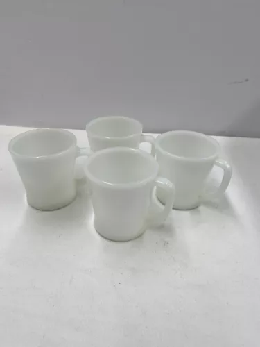 4 FIRE KING WHITE MILK GLASS MUGS - "D" HANDLE