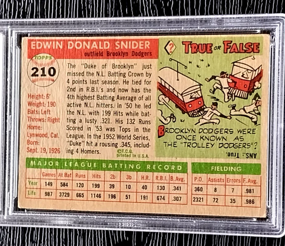 Tarjeta de béisbol 1955 Topps Duke Snider #210 **sin pliegues** **centrada** PSA 3 en muy buena condición Foto 4 de 4