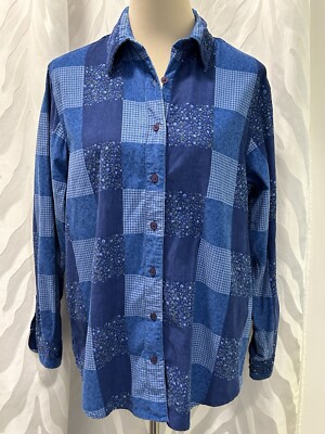 CABIN CREEK Blue Patchwork Floral Button Down Long Sleeve Corduroy Shirt (M)